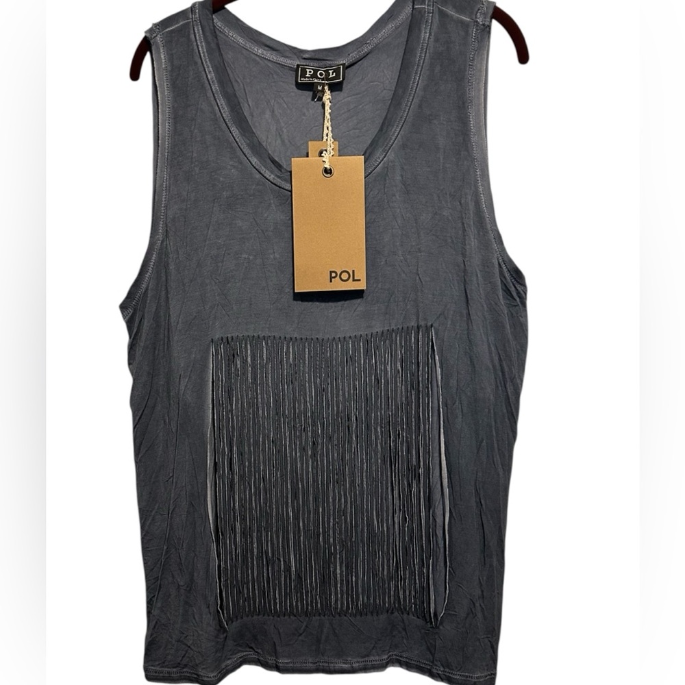 POL Blackish Sleeveless tank with open fringes.Very unique top and fun to wear